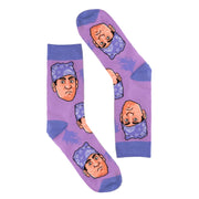 The Offbeat Sock Company bright purple funky Michael Scott Prison Mike Socks with subtle silhouettes of dementors in the background.