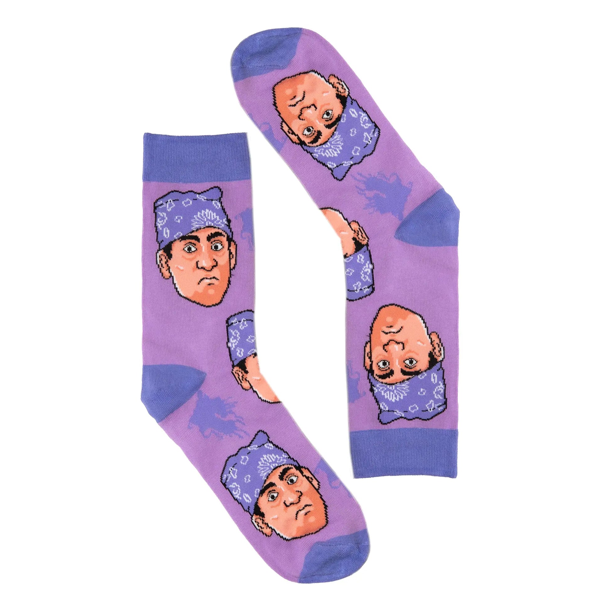 The Offbeat Sock Company bright purple funky Michael Scott Prison Mike Socks with subtle silhouettes of dementors in the background.