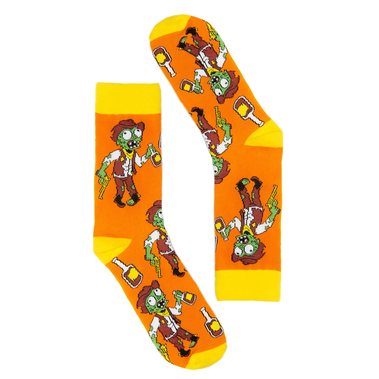 The Offbeat Sock Company bright orange and yellow funky novelty sock featuring moonshine drinking western cowboy zombies.