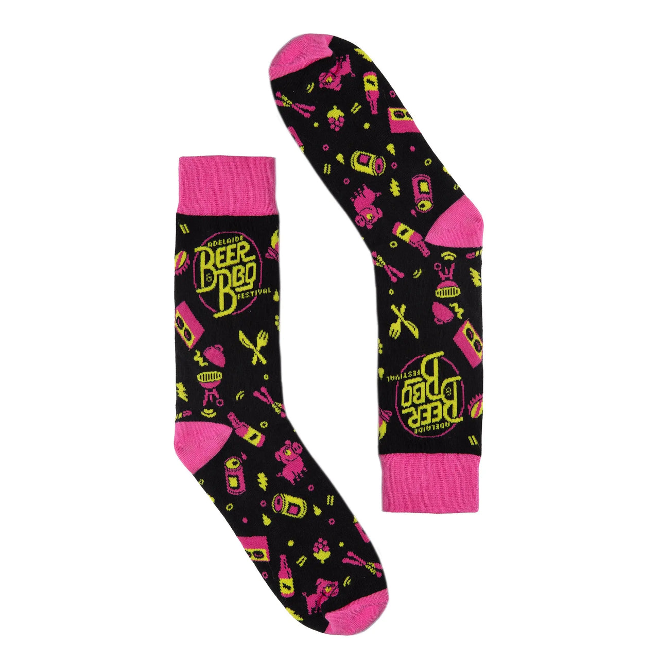 The Offbeat Sock Company and Beer and BBQ Festival sock. Bold pink, yellow and black design.