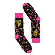 The Offbeat Sock Company and Beer and BBQ Festival sock. Bold pink, yellow and black design.