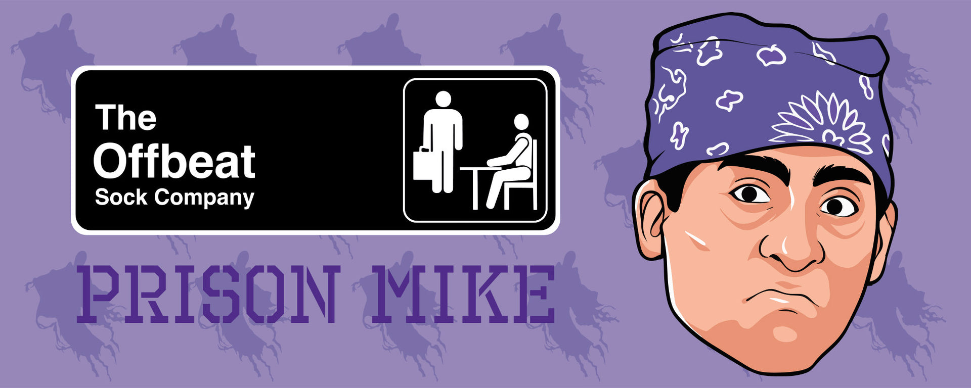 Cartoon artwork of Prison Mike from the office promoting The Offbeat Sock Company's new design.