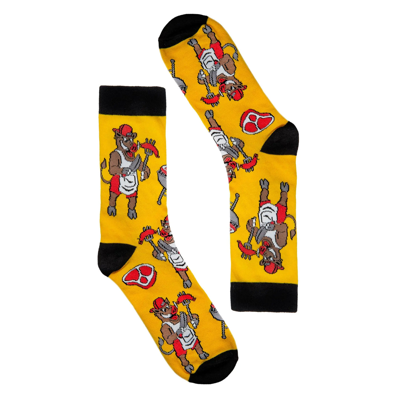 The Offbeat Sock Company bright yellow sock with black accents featuring a warthog grilling on a bbq