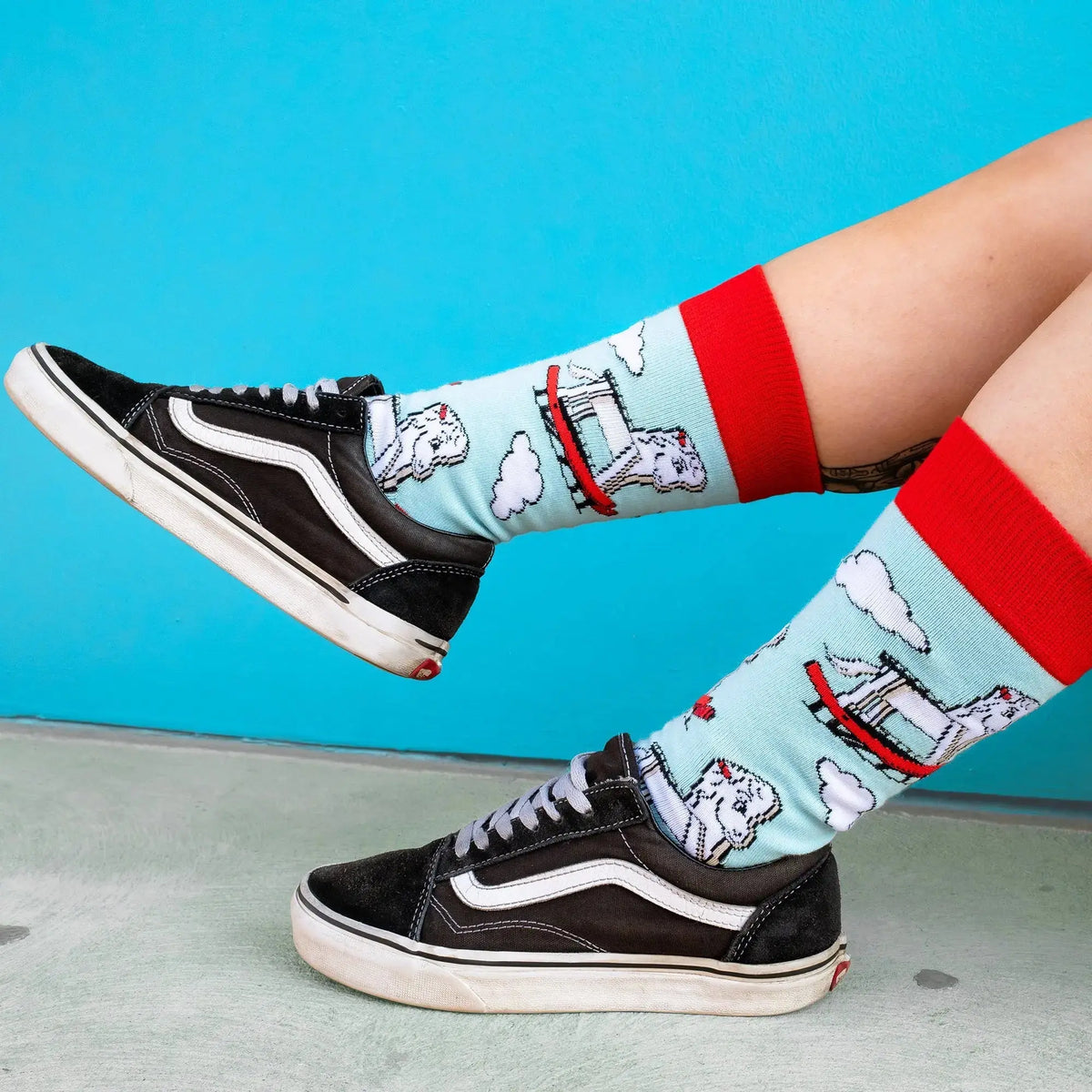 Close-up of Offbeat Big Rocking Horse socks featuring the colourful Gumeracha landmark design