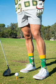 Bogey Smalls funky golf socks being worn