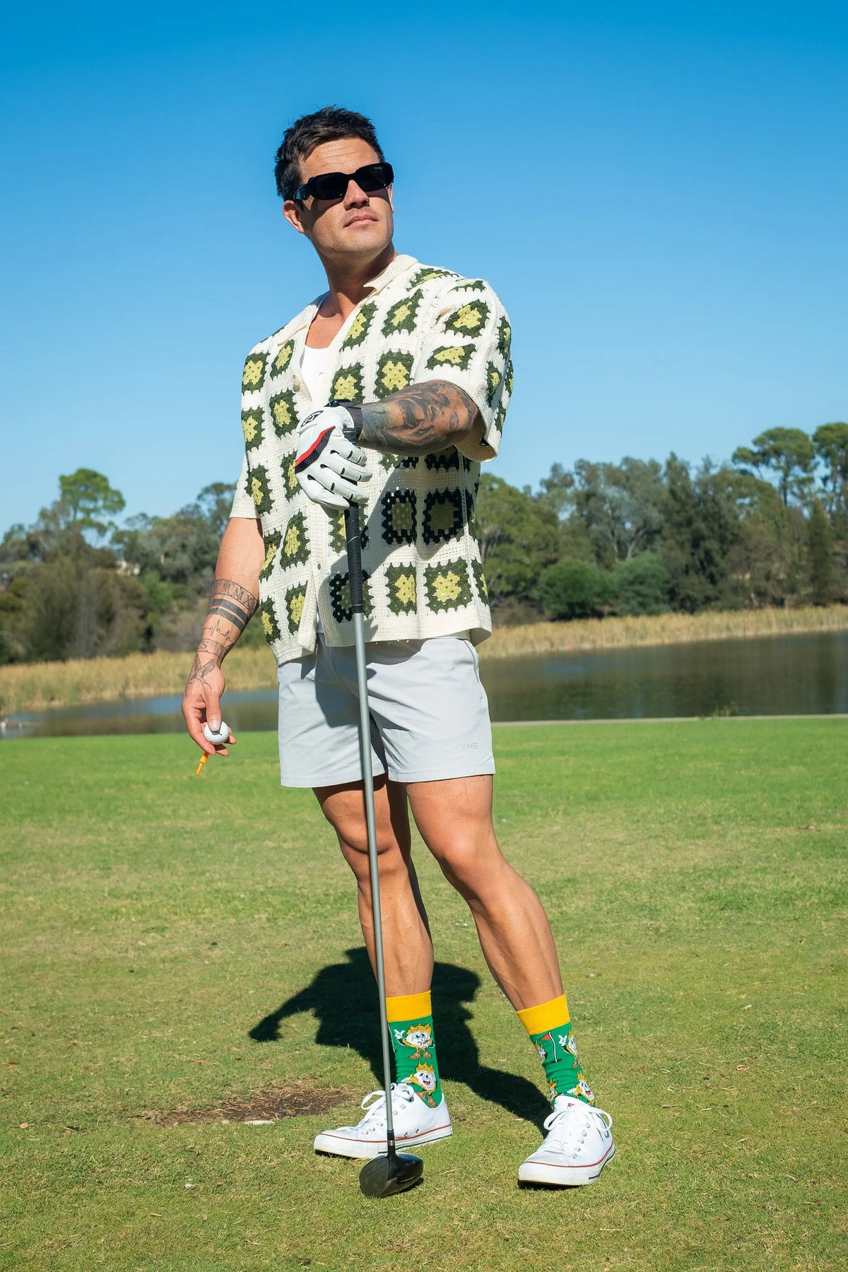 Bogey Smalls novelty golf socks worn by an adult