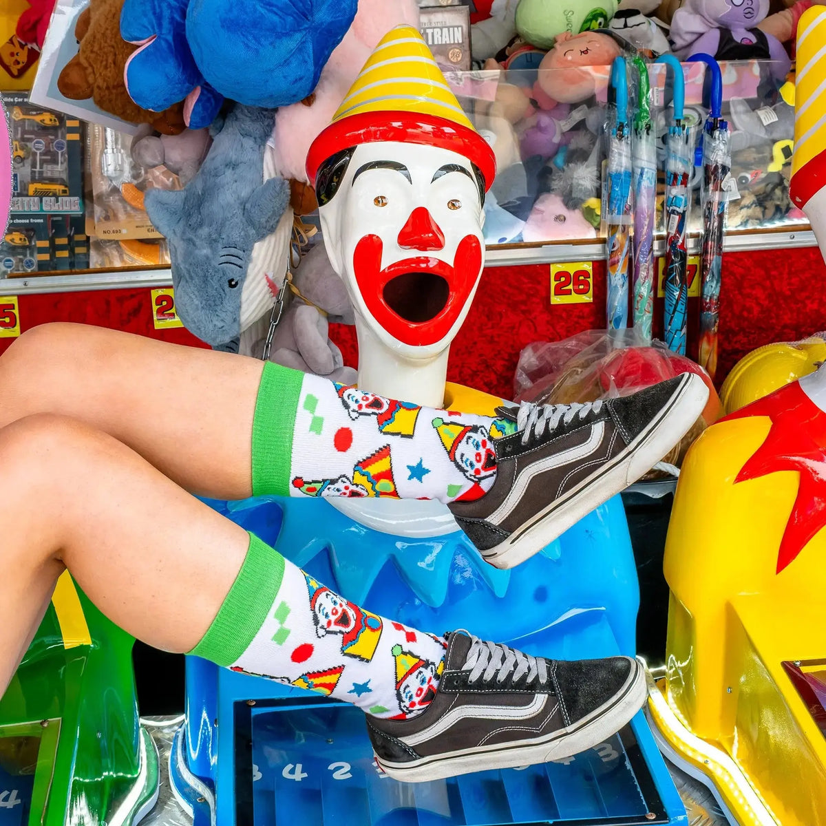 Close-up of colourful Royal Adelaide Show clown socks for adults