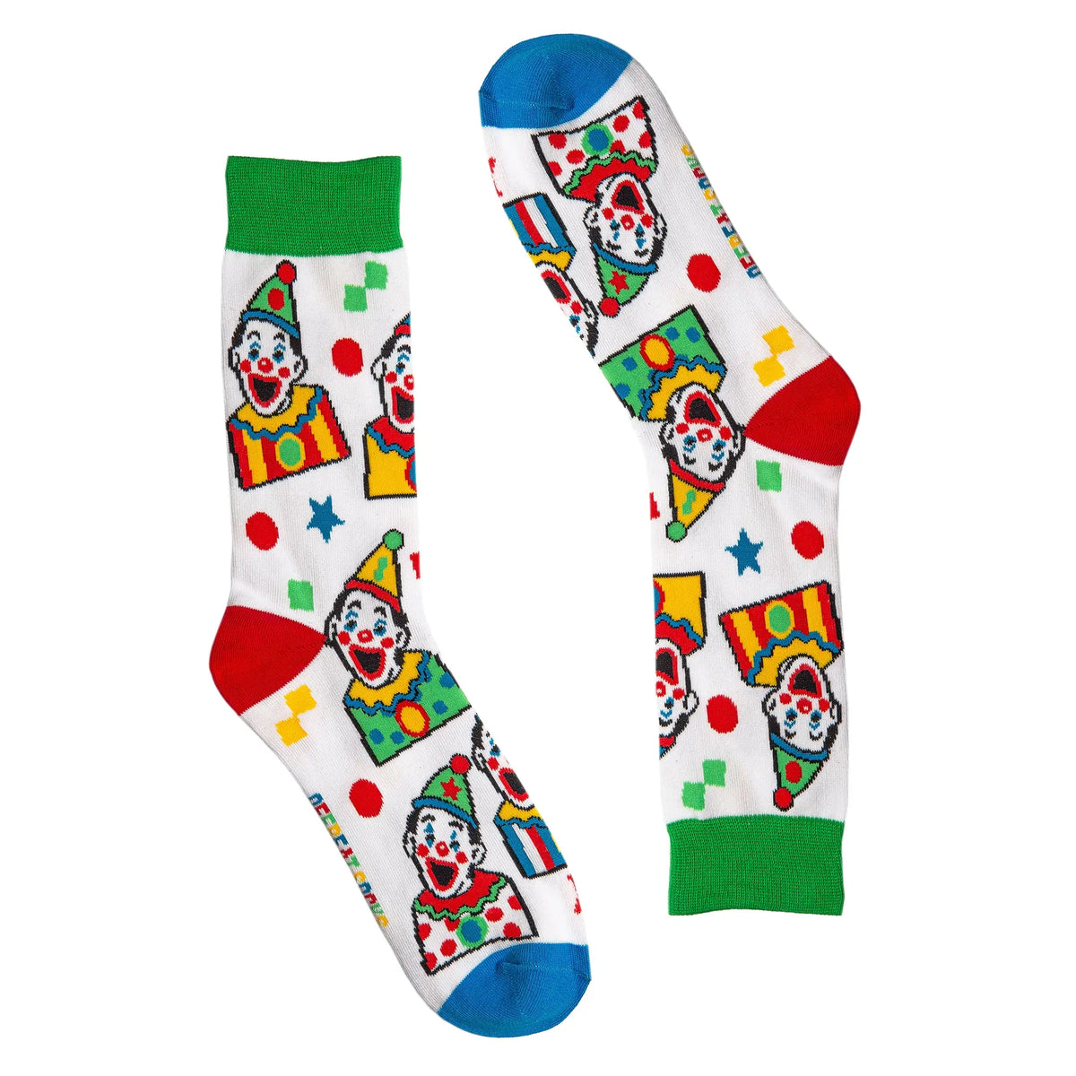 Flat lay of Clowning Around adult laughing clown socks inspired by the Royal Adelaide Show