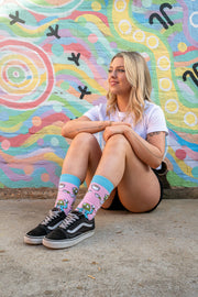 Fun coffee socks featuring a caffeine-loving zombie design