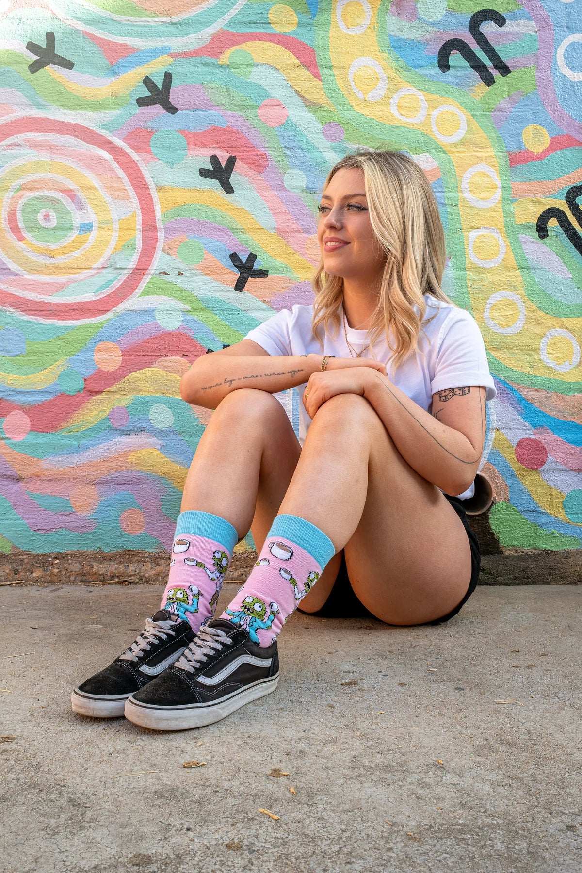 Fun coffee socks featuring a caffeine-loving zombie design