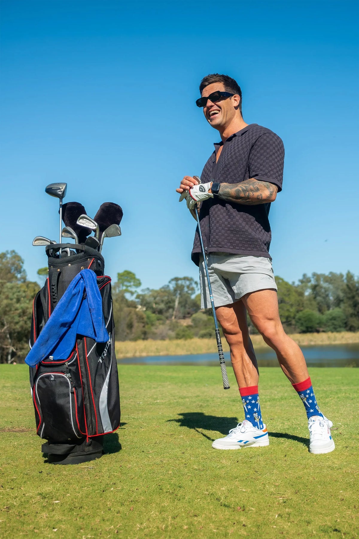 Mr Tee golf socks styled for a day on the course