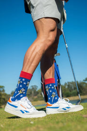 Adult wearing colourful golf socks by Offbeat Socks