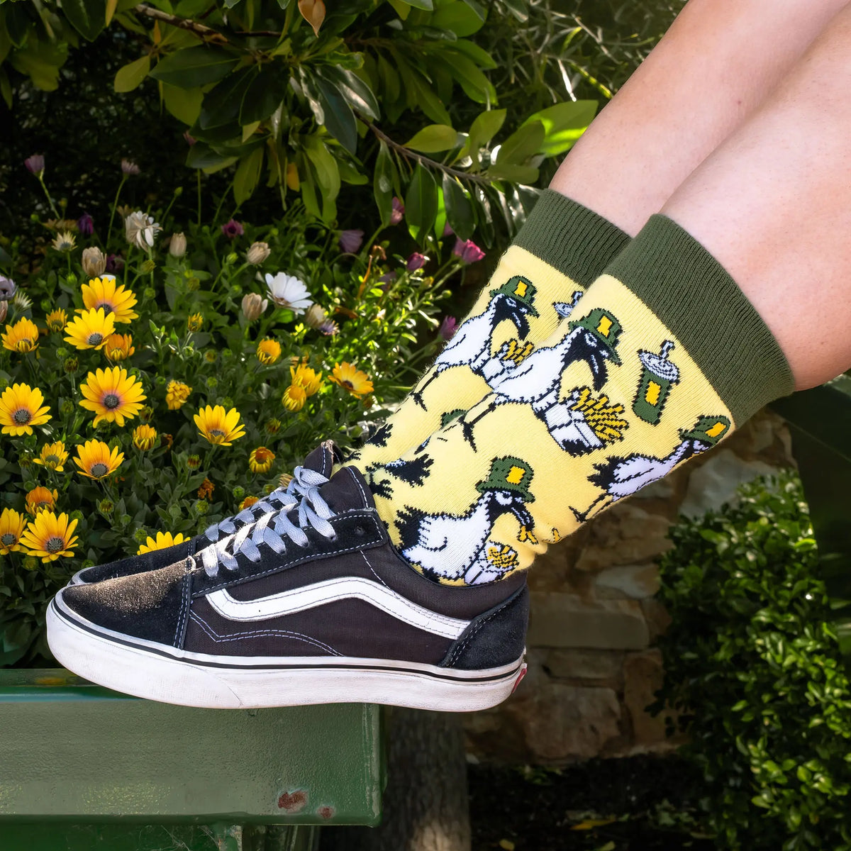 Close-up of Offbeat Bin Night Out bin chicken socks showing the detailed ibis design and premium combed cotton stitching.