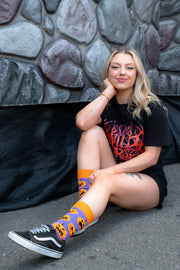 Sock O'Lantern pumpkin socks worn for Halloween