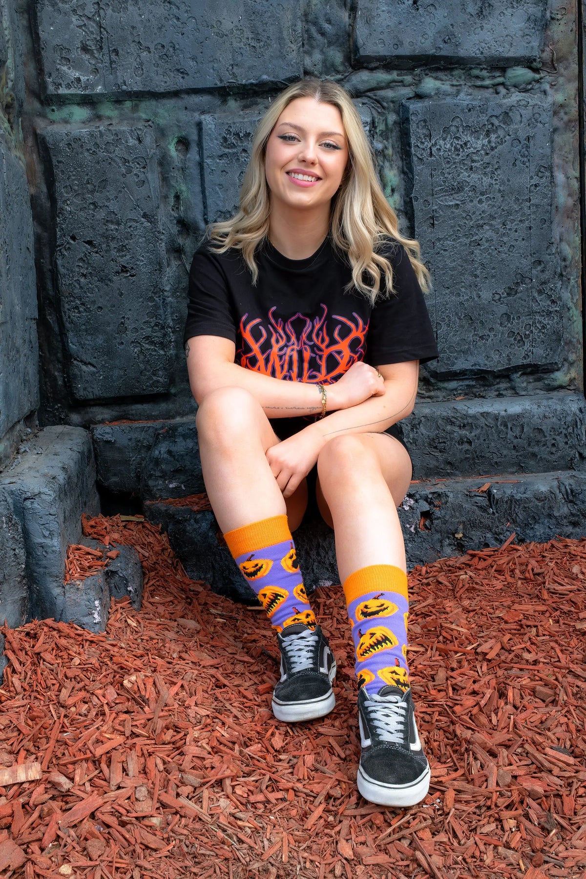 Adult wearing Offbeat Sock O'Lantern Halloween socks