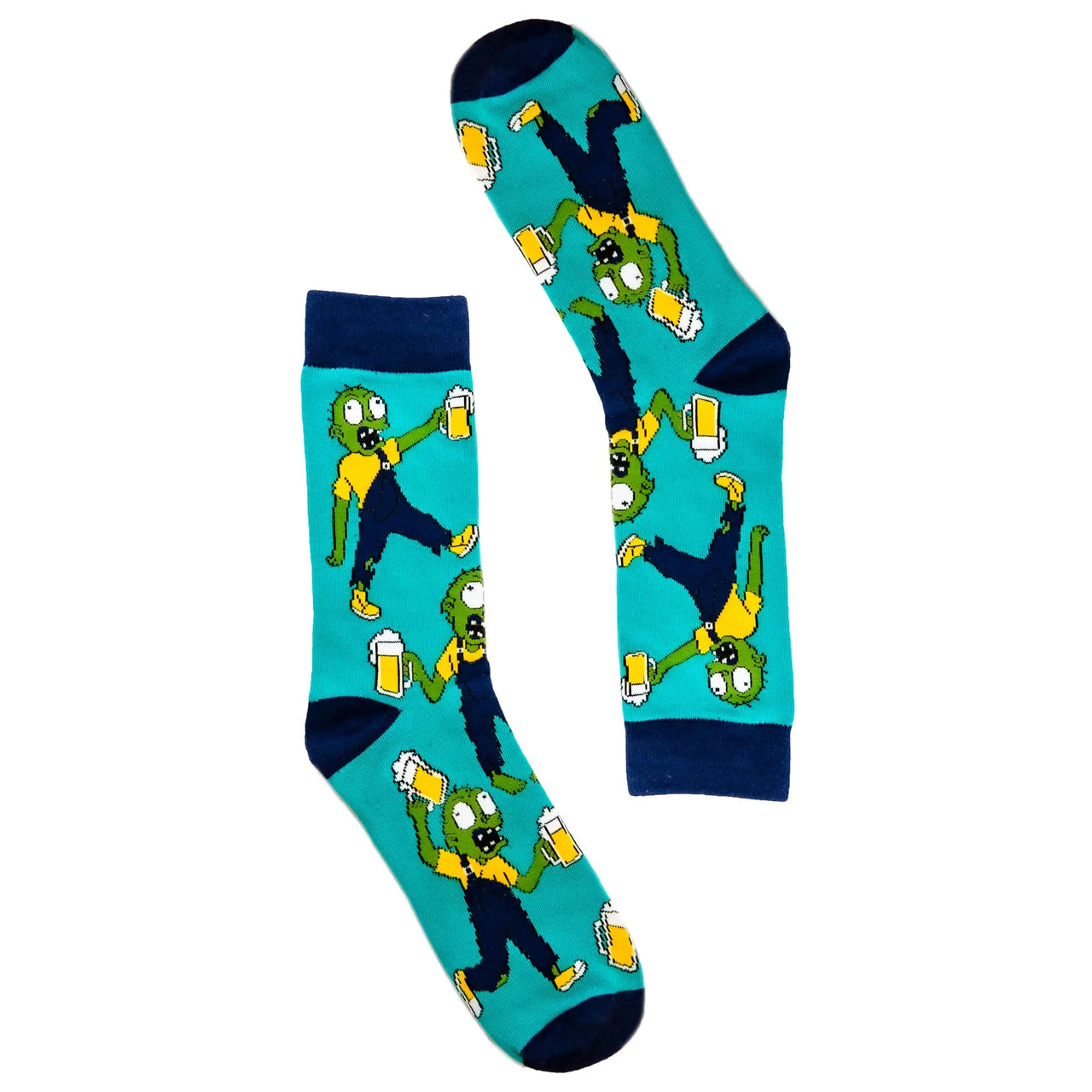 The Offbeat Sock Company bright teal and navy sock featuring hillbilly zombies drinking beer